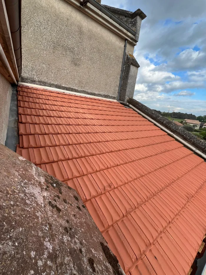 Tuiles neuves posées contre un mur en pierre, gouttière en zinc